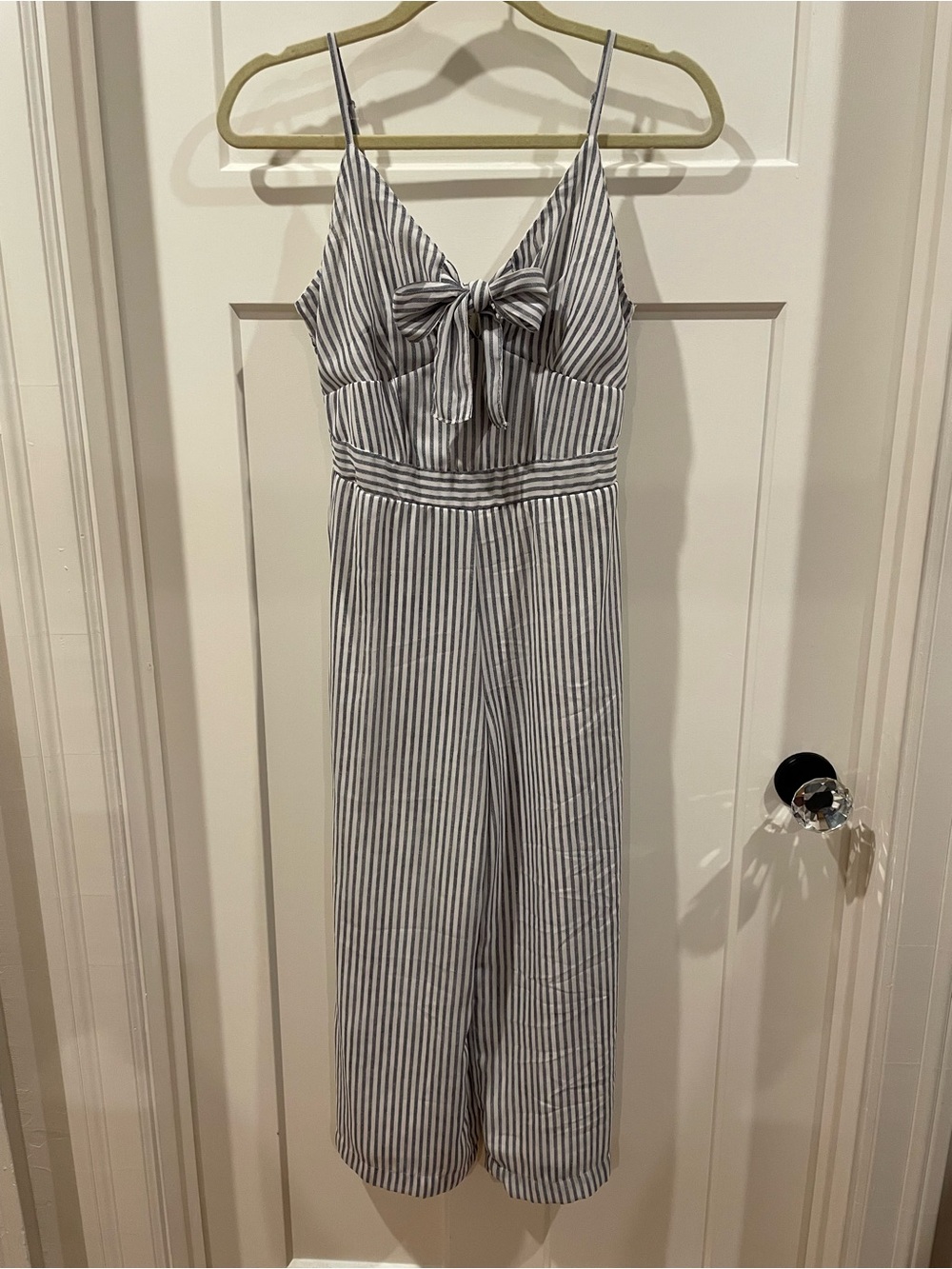 Striped Tie-Front Wide-Leg Jumpsuit in White and Gray